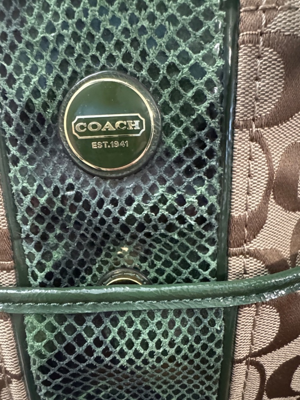 Coach Brown Signature Tote with Dark Green Python F25706 - Picture 3 of 15